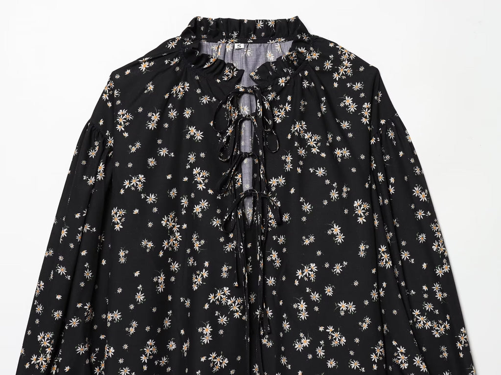 2026 Women's printed V-neck lace up shirt