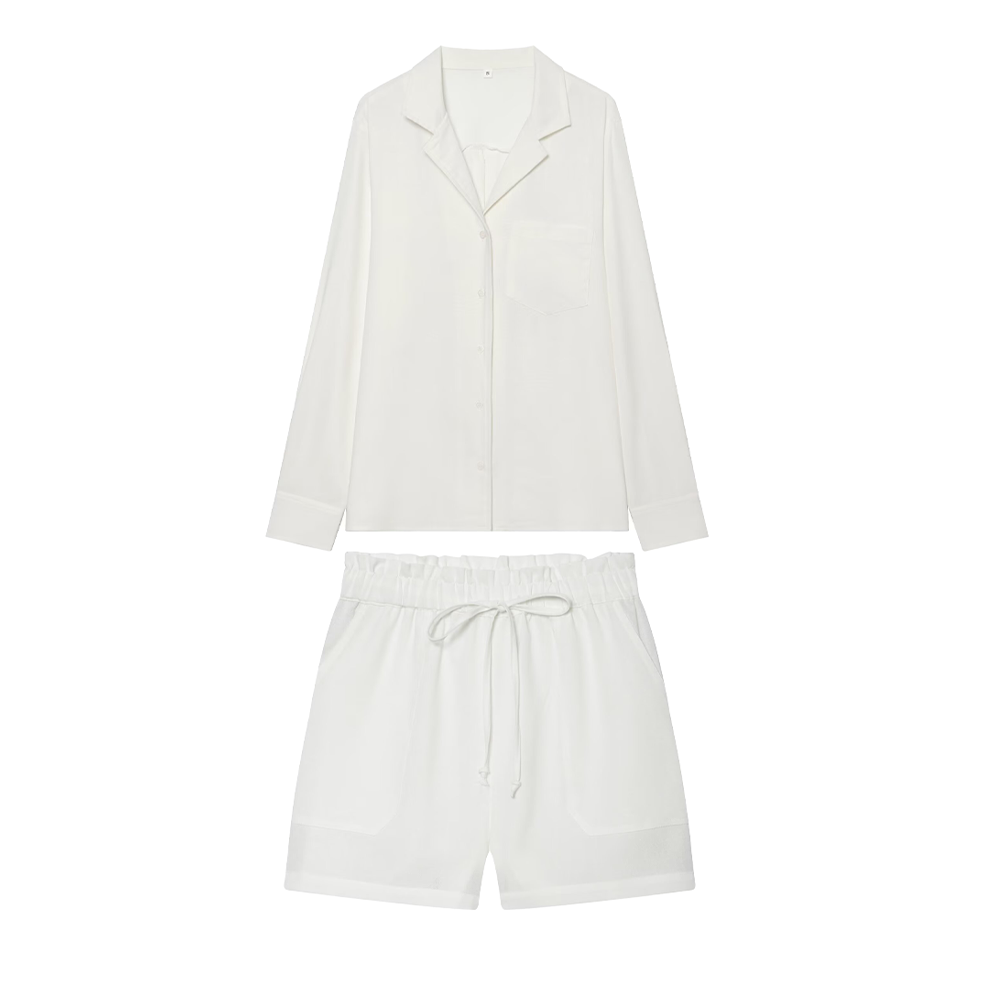 suit Women's 2 pieces pocket decoration linen blend shirt+Pants+ Shorts