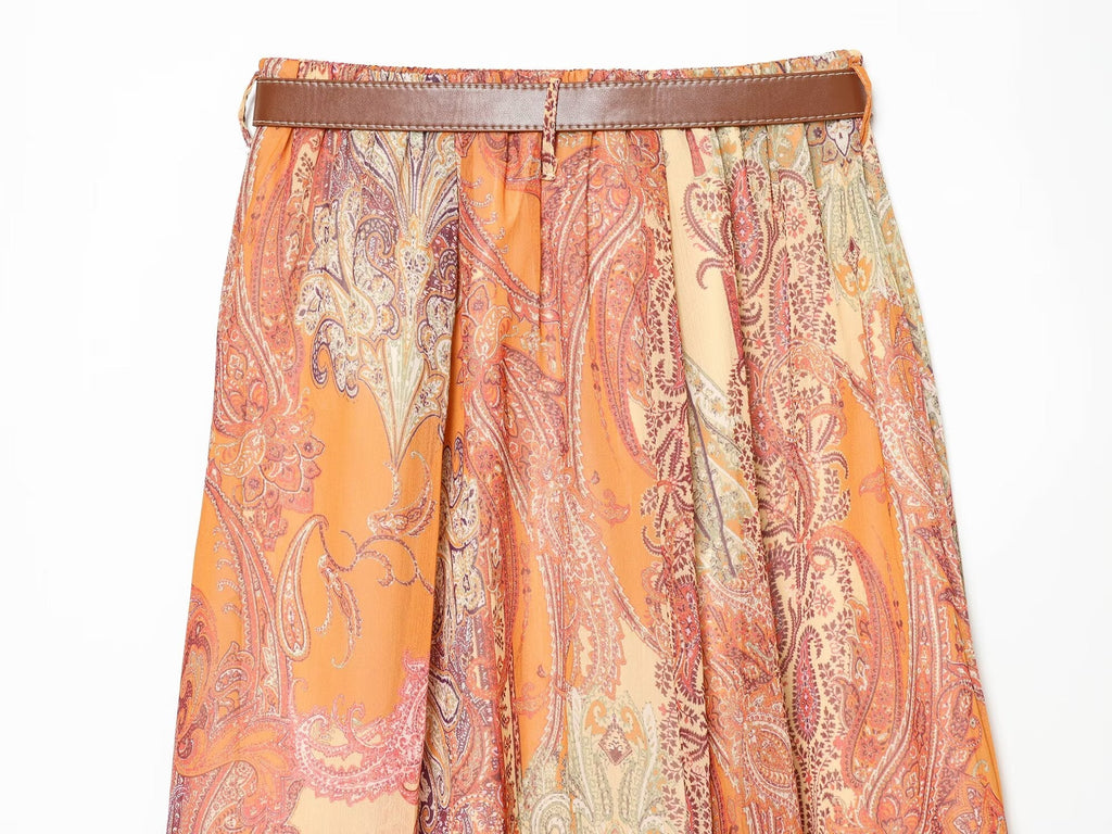 Women's With Belt Printed Midi Skirt