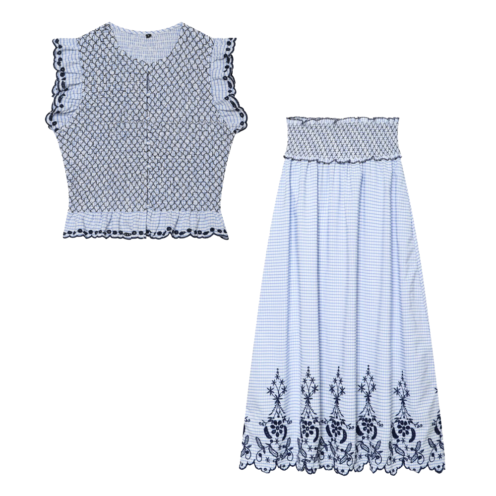 suit Women's 2 pieces embroidered checkered MIDI skirt + tops