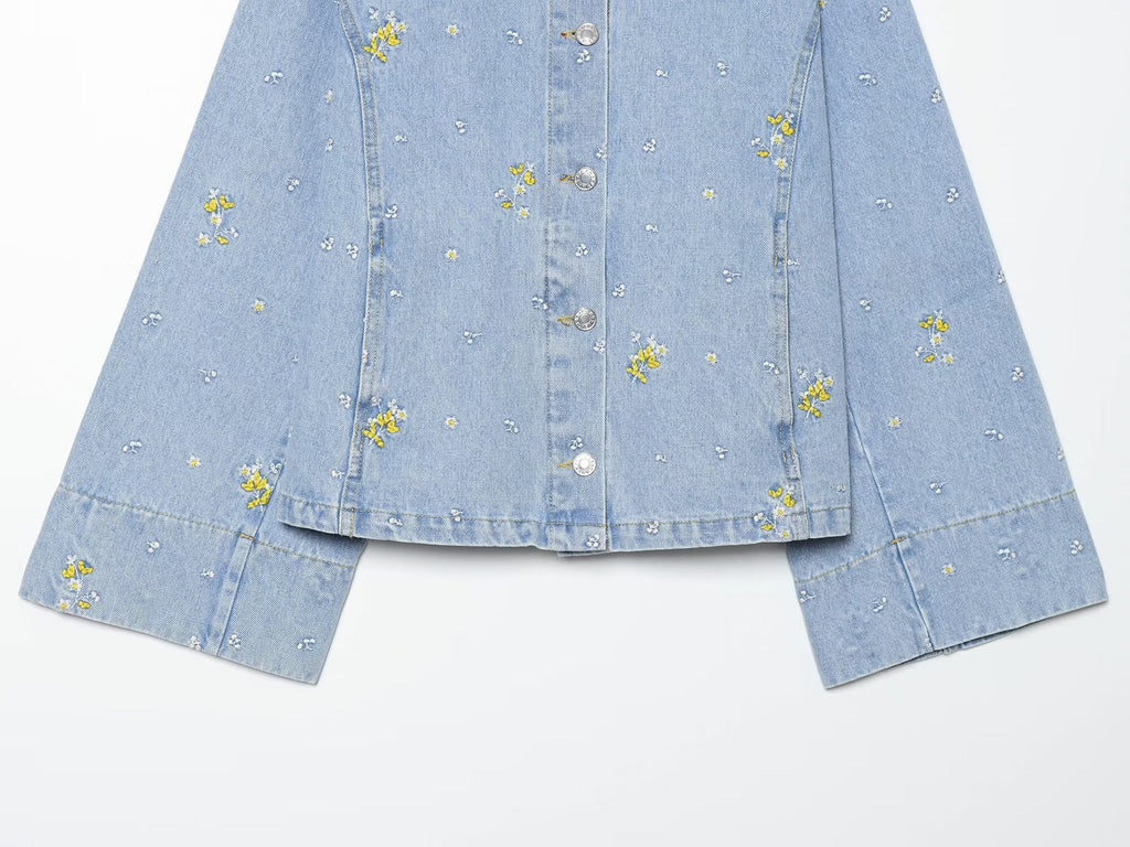 suit Women's 2 pieces flower embroidered denim jacket Coat+Shorts