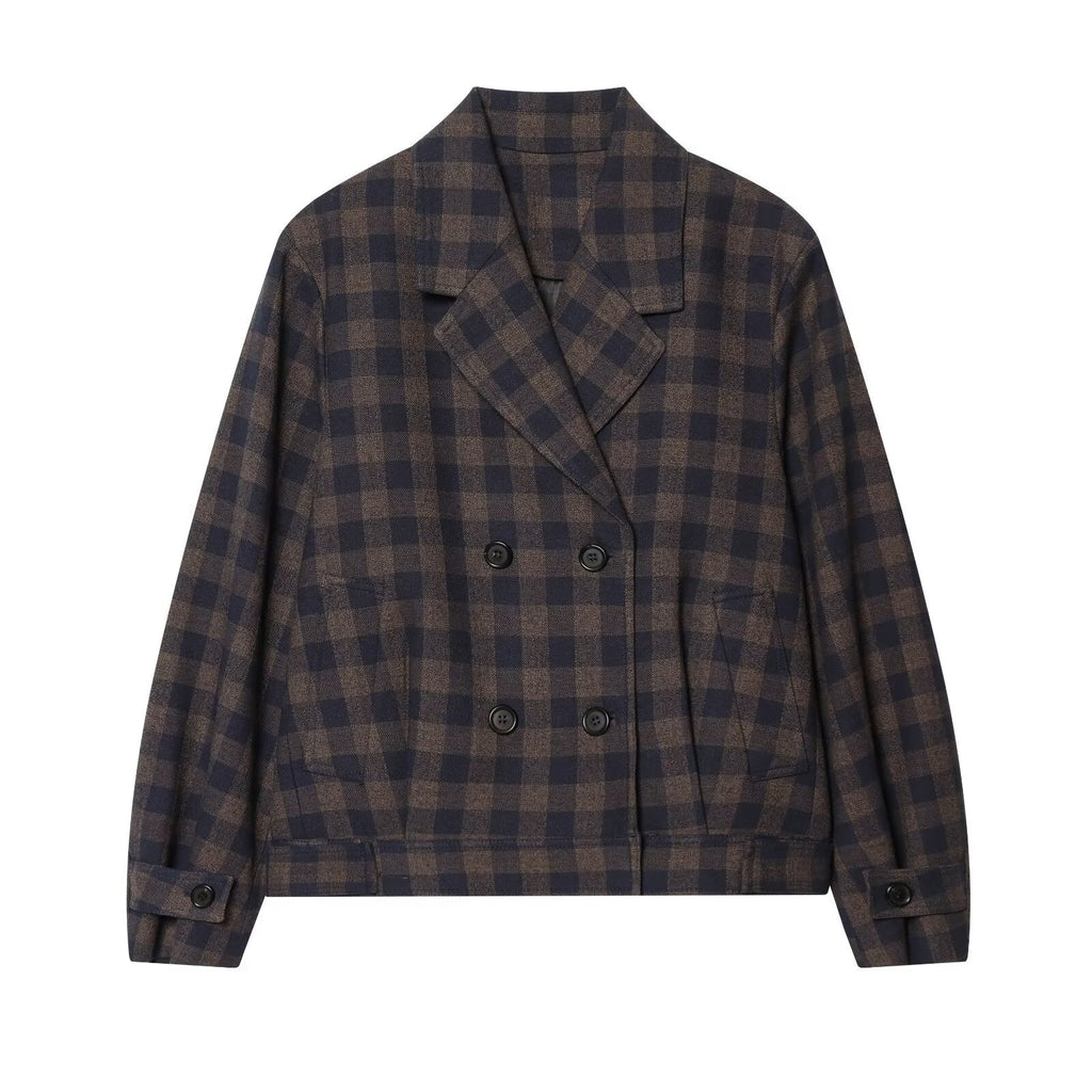 Women's casual double breasted plaid Coat