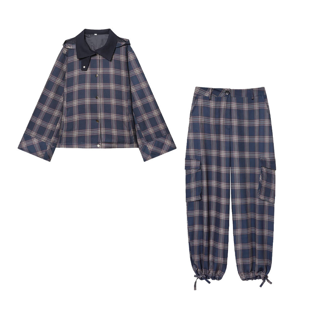 suit Women's 2 pieces hooded checkered cotton jacket Coat+ Pants
