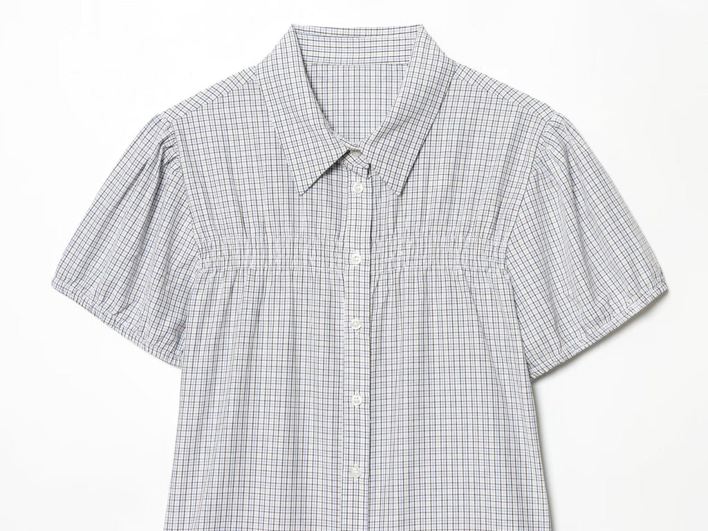Women's short sleeved plaid elastic poplin shirt