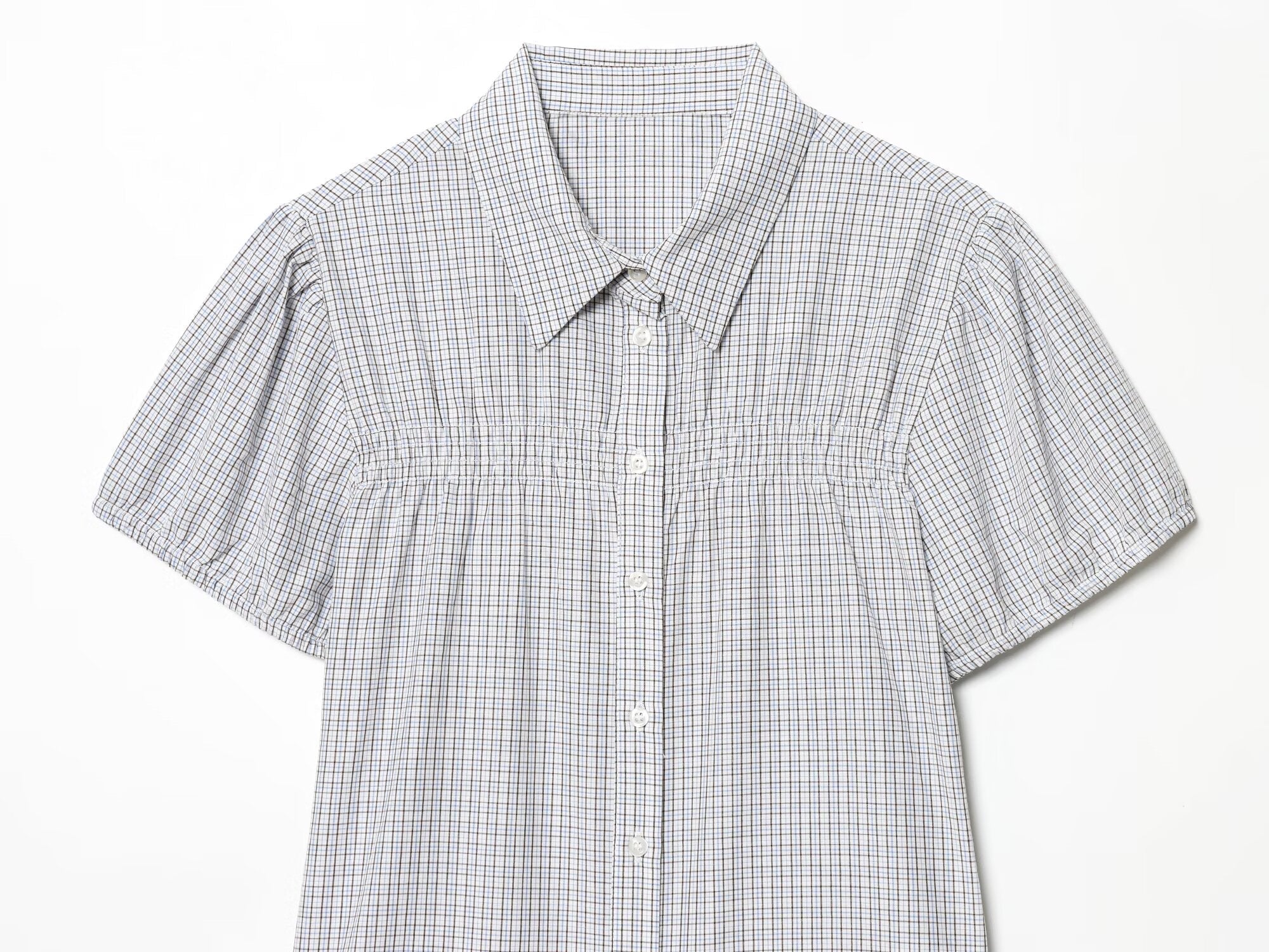 Women's short sleeved plaid elastic poplin shirt