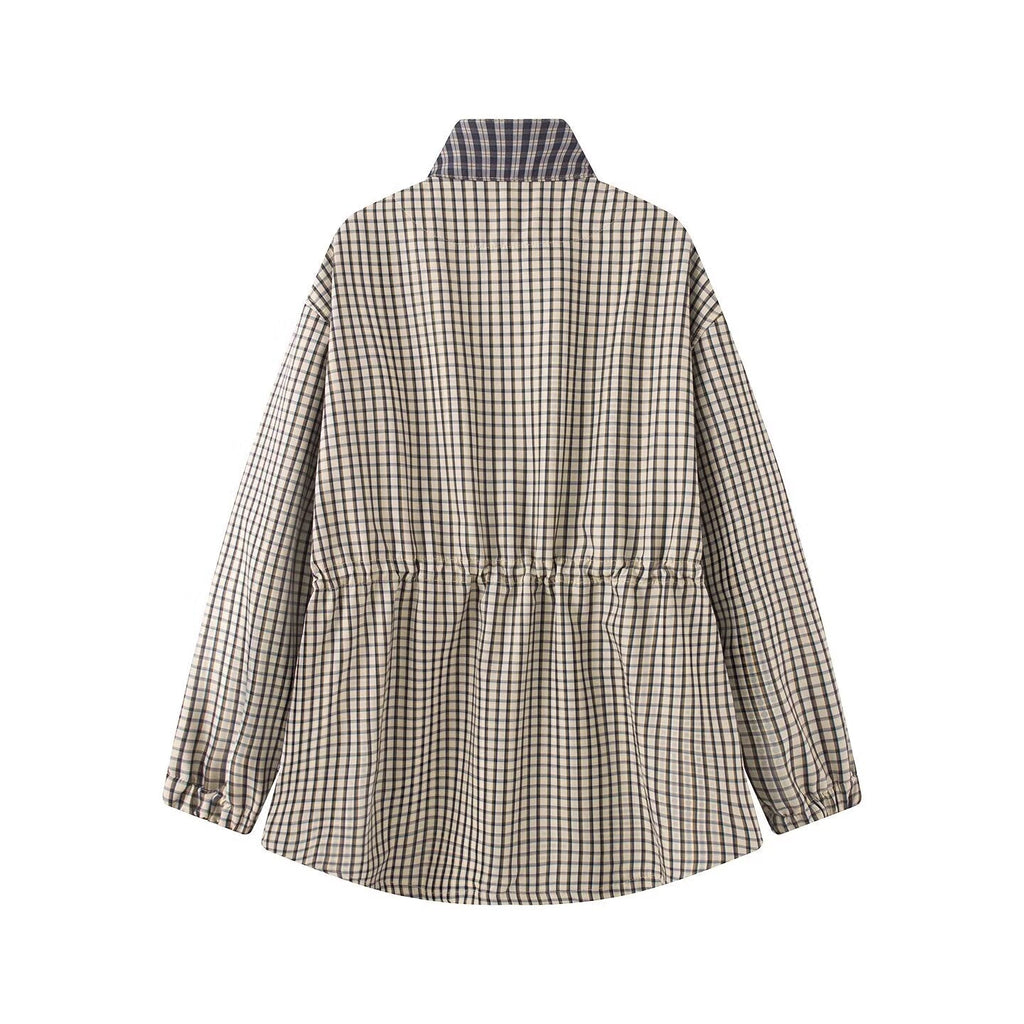 Women's casual stand collar waist cinched plaid Coat
