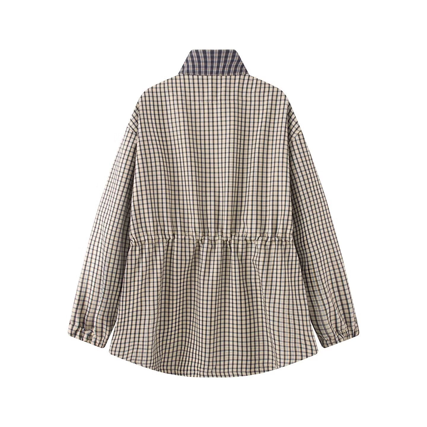 Women's casual stand collar waist cinched plaid Coat