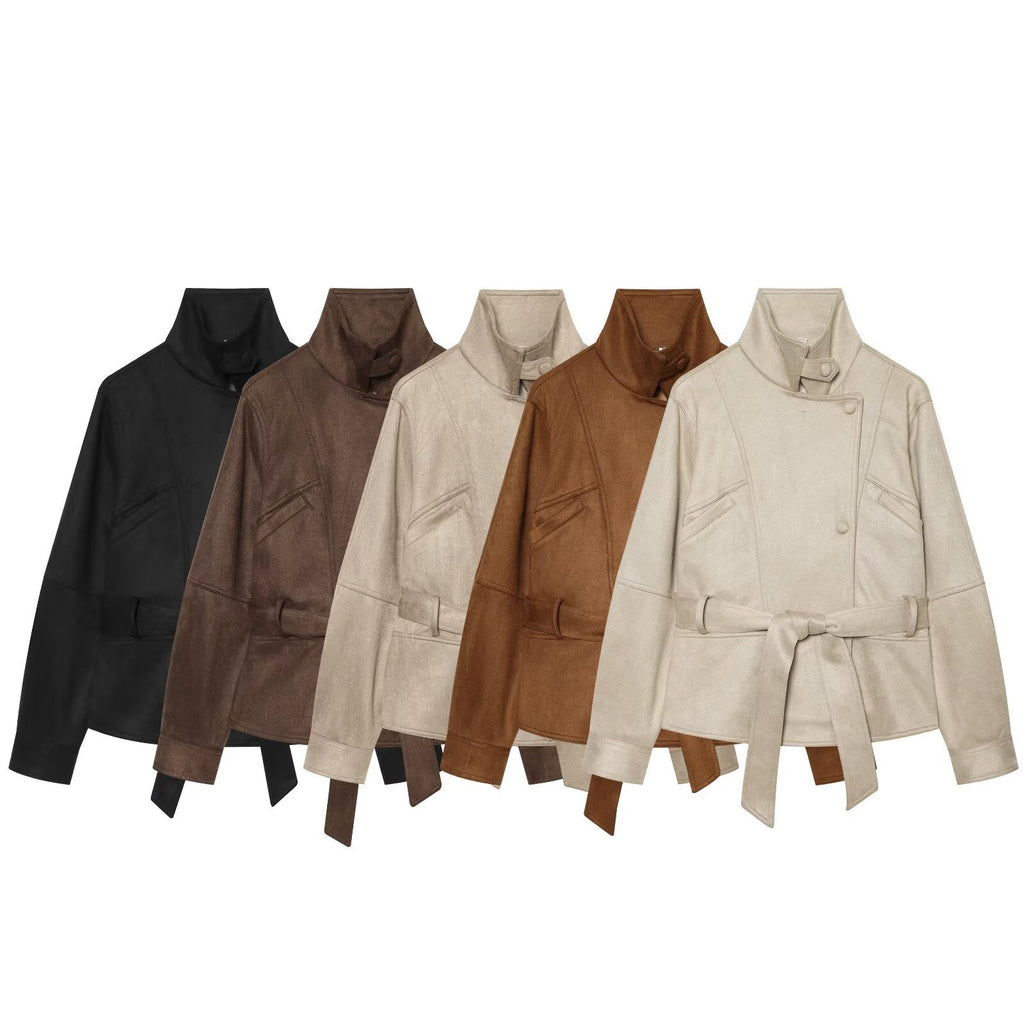 Women's with belt suede short slim jacket Coat