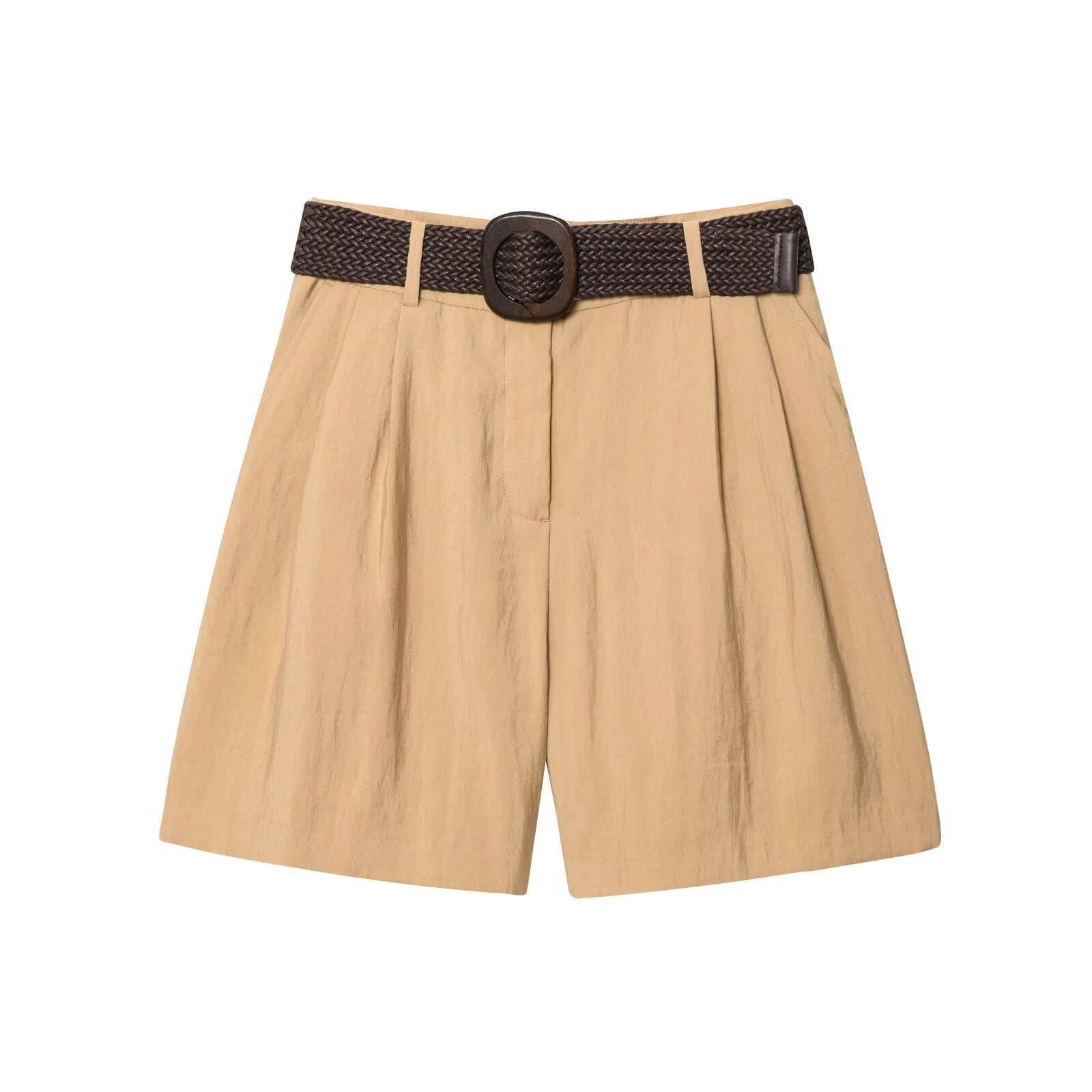 Women's new fashion with Belt casual side pocket high waist pleated shorts