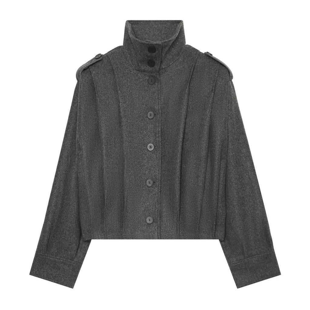 Women's pleated design standing collar woolen coat