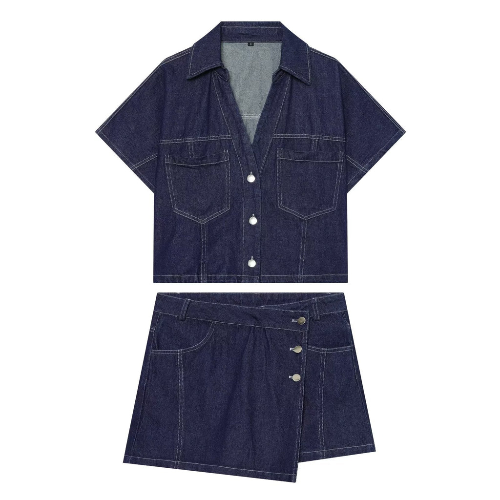 suit Women's 2 pieces casual short denim shirt+culottes