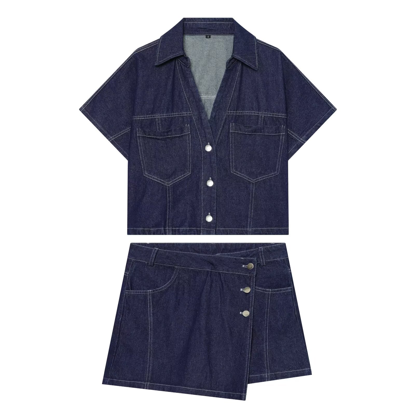 suit Women's 2 pieces casual short denim shirt+culottes