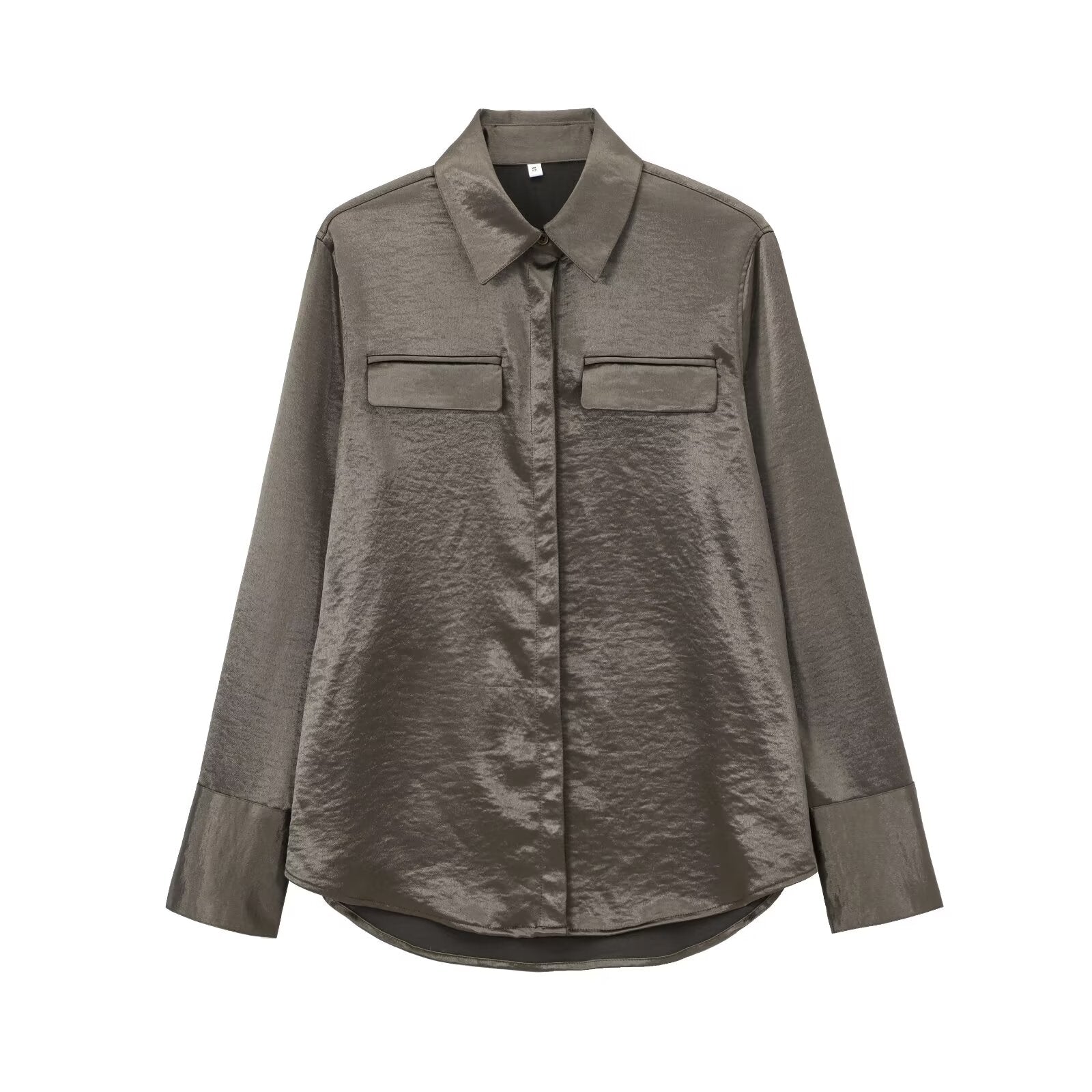 Women's new fashion flip decoration casual satin texture asymmetric shirt retro long sleeved button up women's shirt chic top