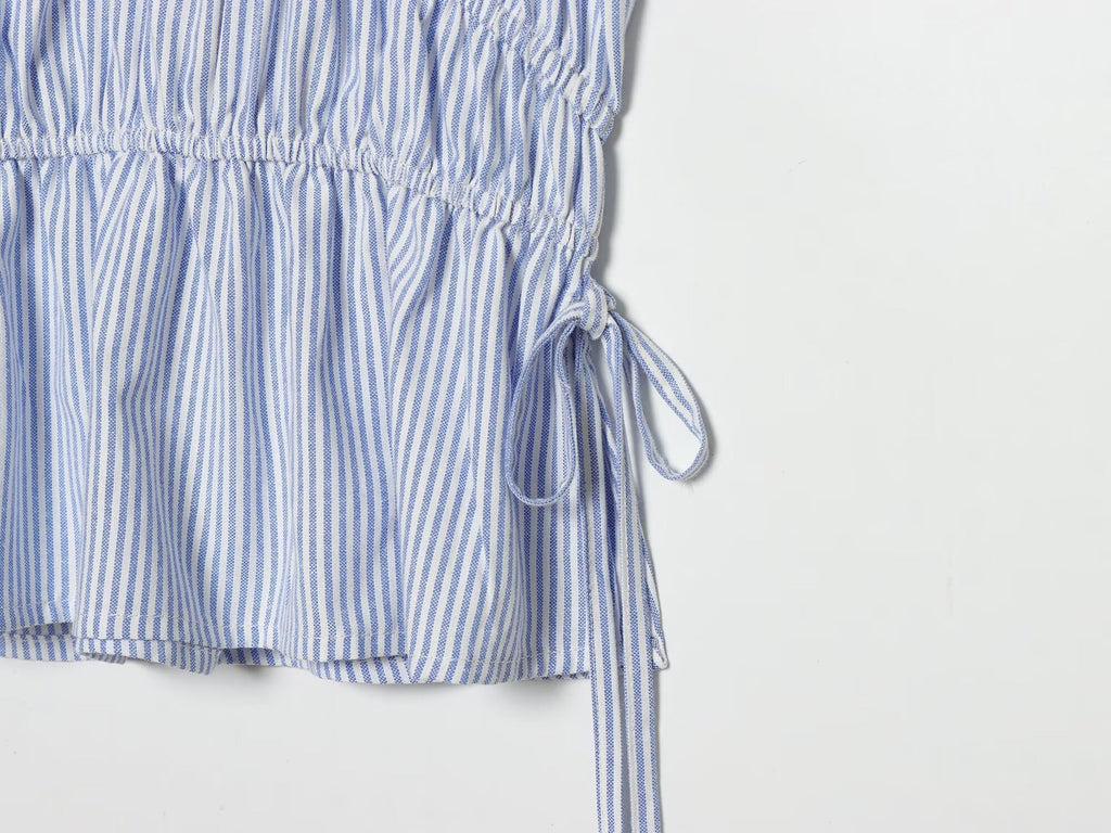 Women's lace up decorative elastic striped top