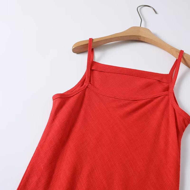 Women's sexy square neck linen suspender MIDI dress