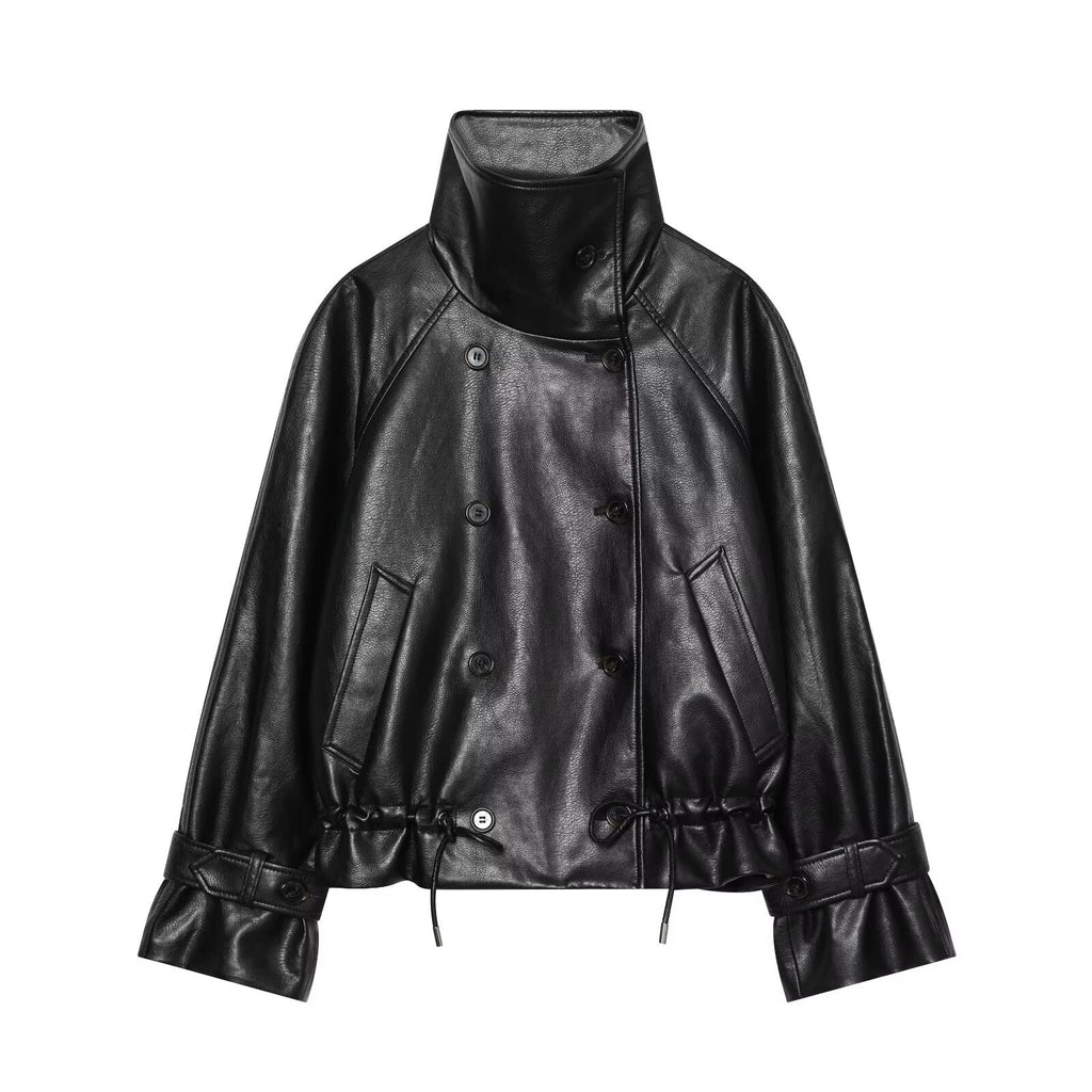 Women's black double breasted Imitation leather jacket