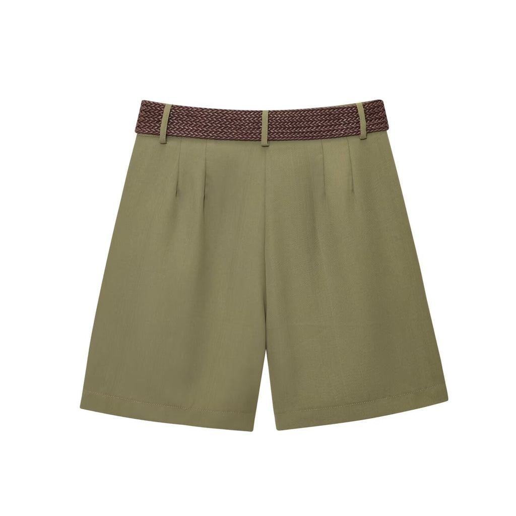 Women's chic Fashion With Belt casual side pocket pleated shorts
